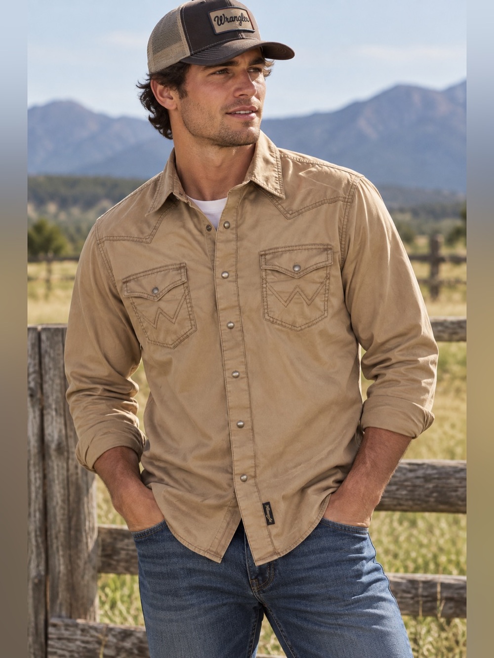 Wrangler Retro Premium Men’s Medium Tan Western Pearl Snap Shirt Cowboy